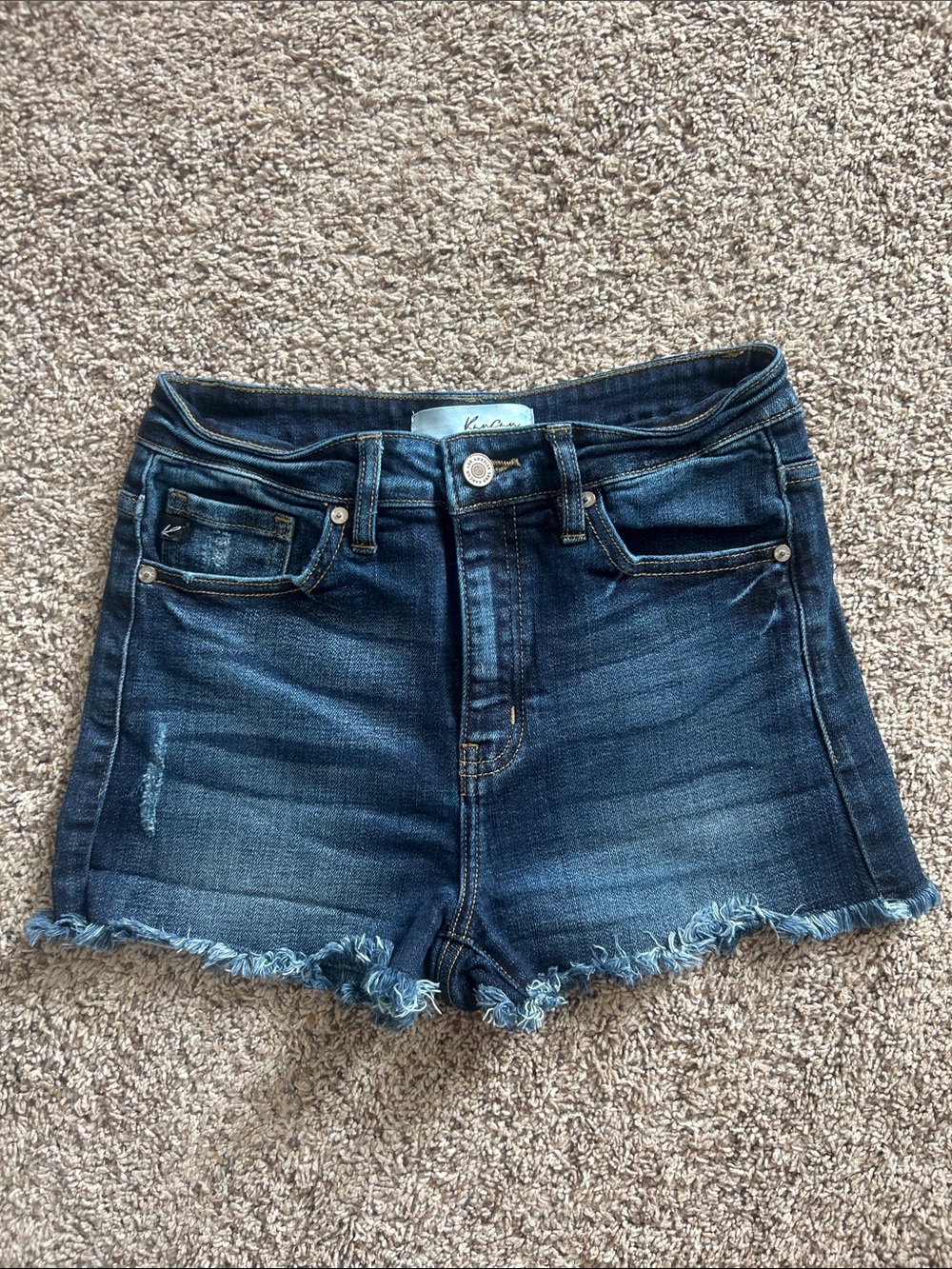 KanCan Dark Blue Distressed Denim Shorts with Frayed Hem